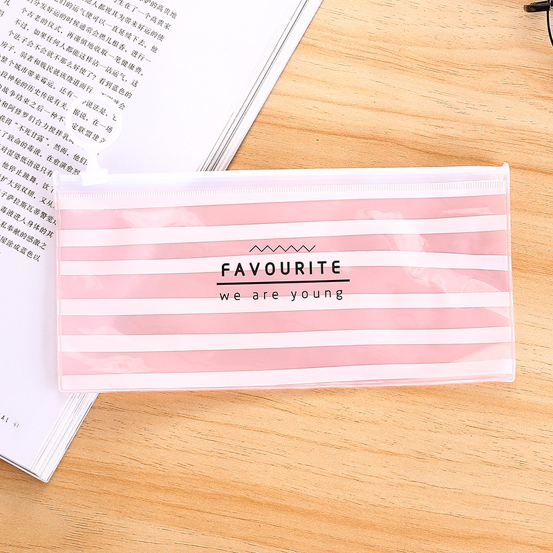 Tempat Pensil Pulpen Transparan Ziplock Karakter Serbaguna Alat tulis make up-FAVOUR PINK