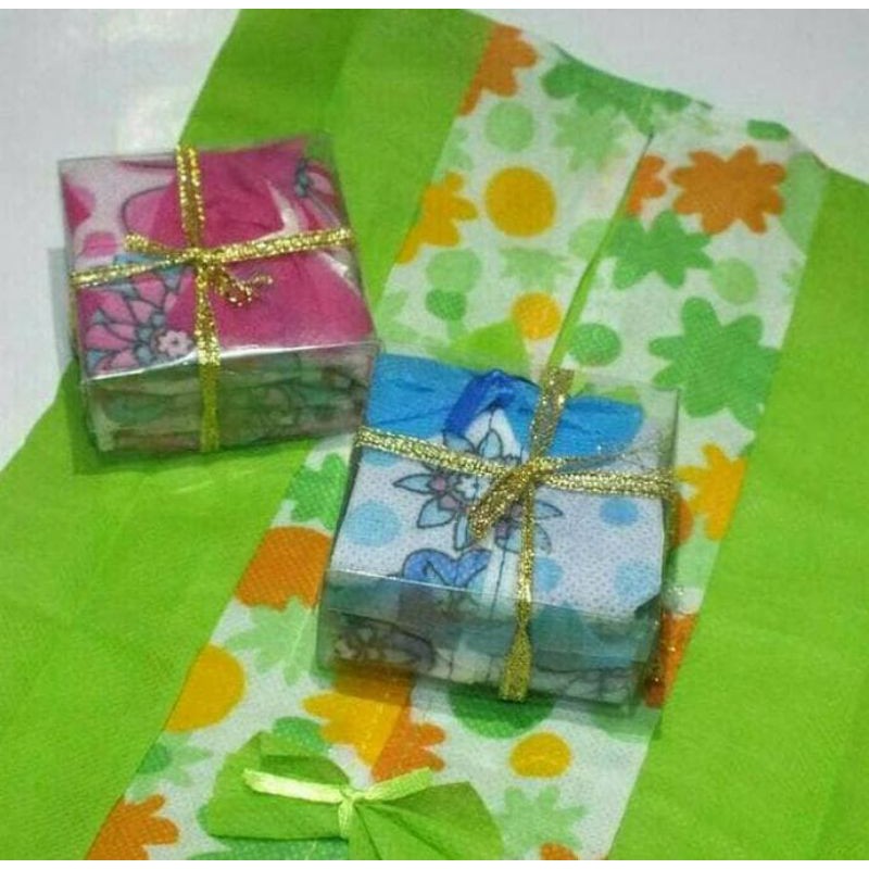 Souvenir tempat tisu puring kemas mika diikat pita 50pcs bonus kartu ucapan terima kasih