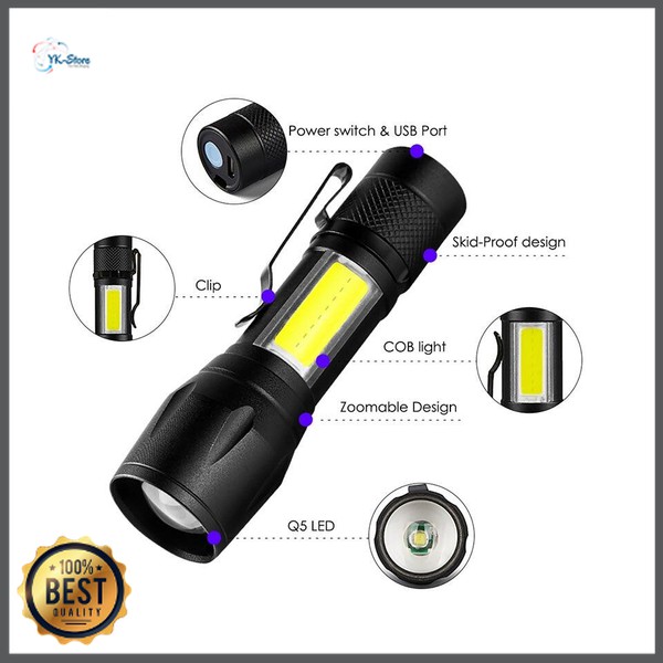 PAKET TaffLED Senter LED Mini ZOOM RECHARGEABLE BATTERY Q5 + COB Lentera 300 Lumens - 7098