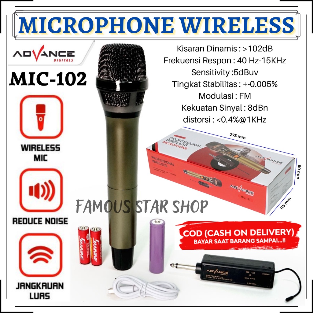 Murah~Mic Wireless Advance 102 Microphone 102 Mic Tanpa Kabel (40Hz-15KHz) ~Bisa COD | FMS