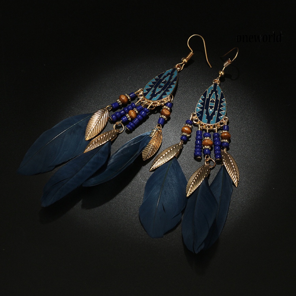 OW@ Ethnic Style Hook Women Earrings Long Feather Charm Jewelry Ornament Gift