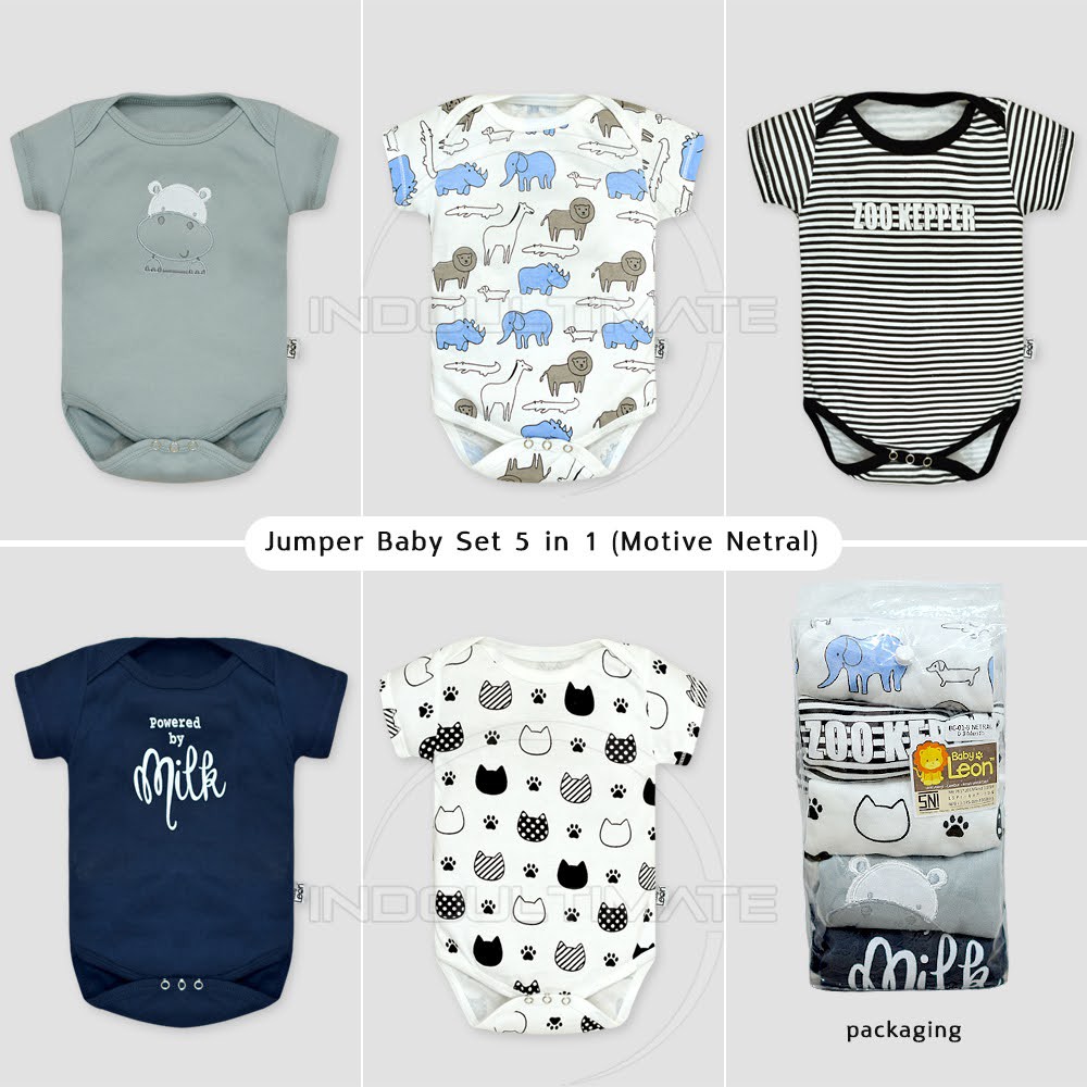 Jumper Bayi 5in1 COTTON SNI BABY LEON Jumsuit Kaos Bayi Newborn Lengan Pendek Pakaian Bayi BC-01-8 Baju Bayi Lengan Pendek Motif Lucu