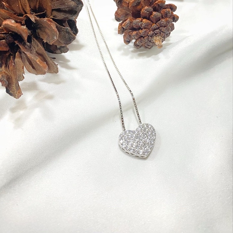 Kalung Italy + Liontin Love Full Diamond S925/ Perak 925 Asli Lapis Emas Putih