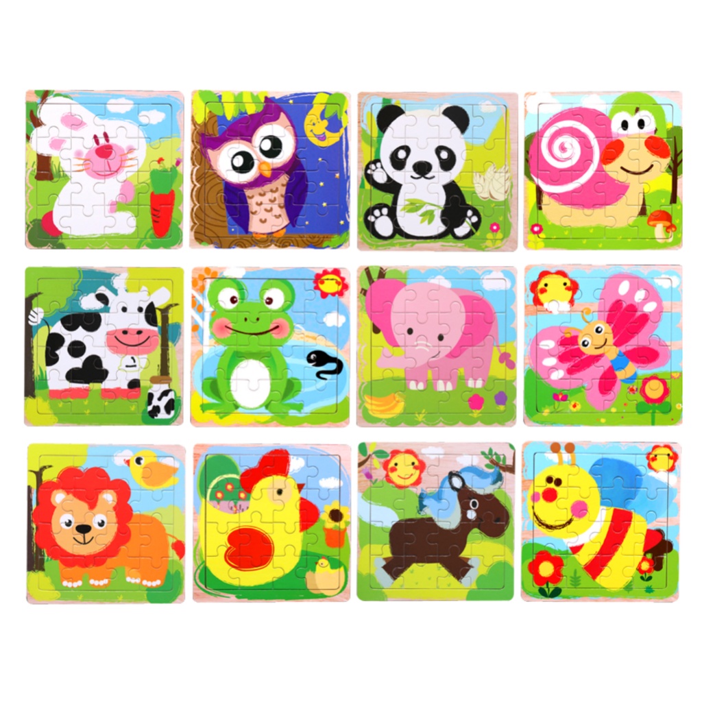 16 Pcs Wooden Jigsaw Puzzle | Puzzle Kayu Background 16 Keping | Puzzel 16pcs Hewan Binatang Kendaraan Transportasi Kartun Lucu | Mainan Edukatif Edukasi Anak Balita