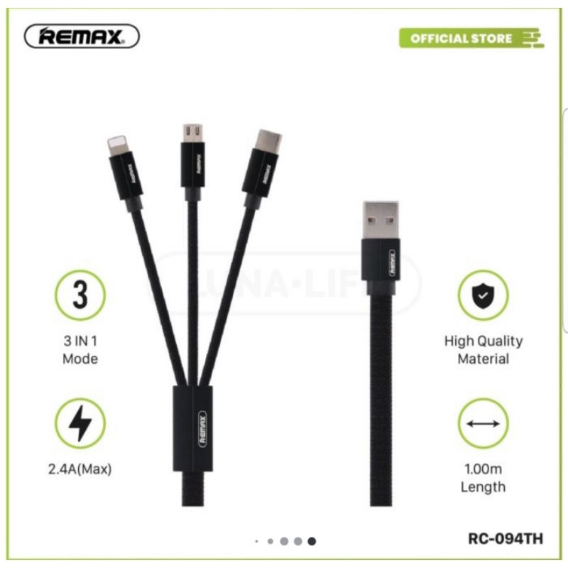 Luna Kabel Charger 3in1 Type C Micro USB Lightning 2.4A Kerolla RC094TH