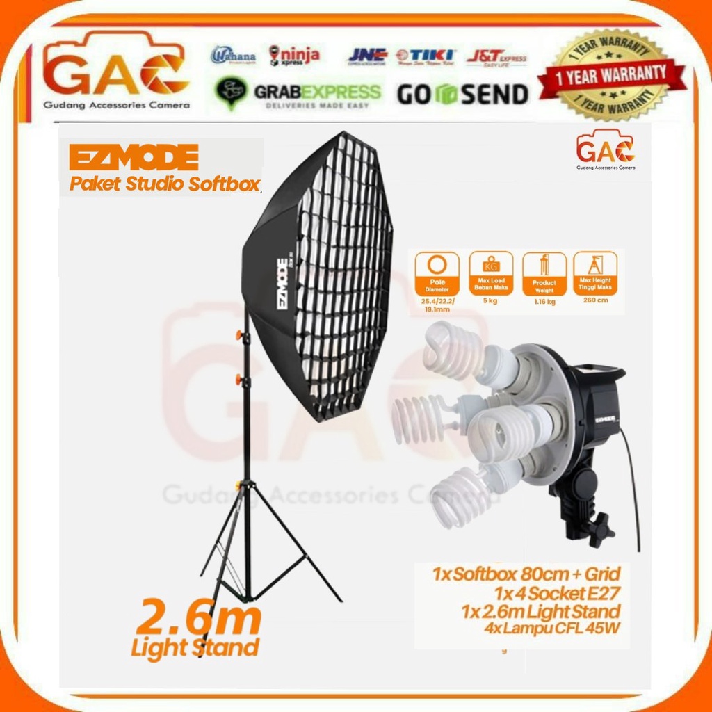 Studio Lighting Stand 4 Lamp + 4 Socket Octagon Softbox 80cm EZMODE