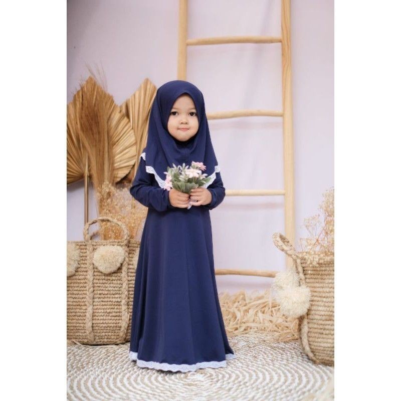 Gamis Meca Set Hijab Anak Perempuan Usia 6 Bulan-2 Tahun |Setelan Busana Bju Syari Bayi Terbaru 8 bln-1 Thn|Stelan Pakaian Tanggung Little Pineapple Baju Muslim Lucu