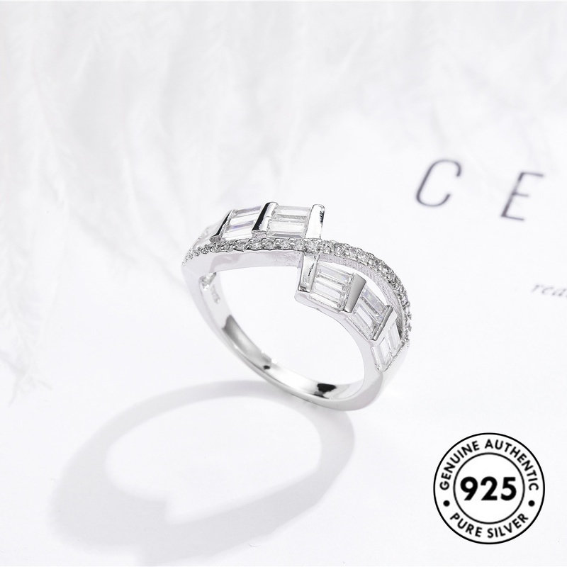 Cincin S925 Silver Bentuk Kotak Aksen Kristal Berlian Warna Pink