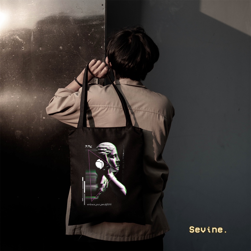 Sevine Totebag Fashion Tas Tote Bag Hitam Resleting Pria Wanita Laptop Kuliah Retro Vaporwave - HVW2