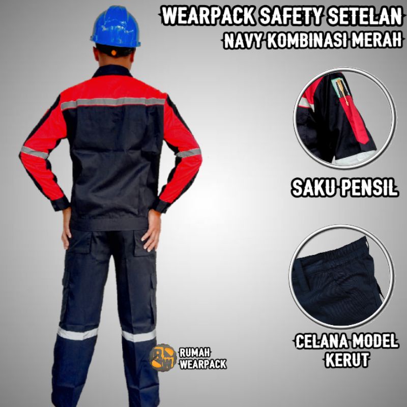 Wearpack Proyek dan Celana Kerja Setelan Warna Navy Kombinasi Merah