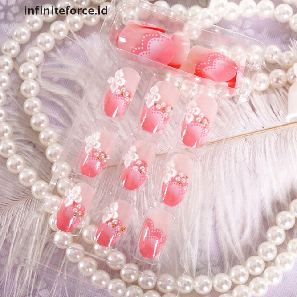 (Infiniteforce.Id) 24pcs / set Kuku Palsu 3d Hias Berlian Imitasi Warna Pink Untuk Pengantin Wanita