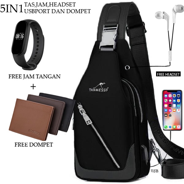 TANMESSO 5in1 BAYAR DITEMPAT- JAM LED -HEADSET- DOMPET -USBPORT -TAS WATERPROOF-BAHAN INTERPILAR SENDIRI LEMBUT DAN TEBAL MENGANDUNG 70%COTTON BUKAN PARASUT ATAU KANVAS SEPERTI YANG BEREDAR DIPASARAN-TAS SELEMPANG PRIA-SLING BAG PRIA