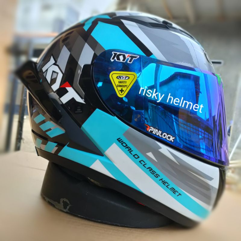 KYT Falcon FR Black Aqua Blue paket ganteng