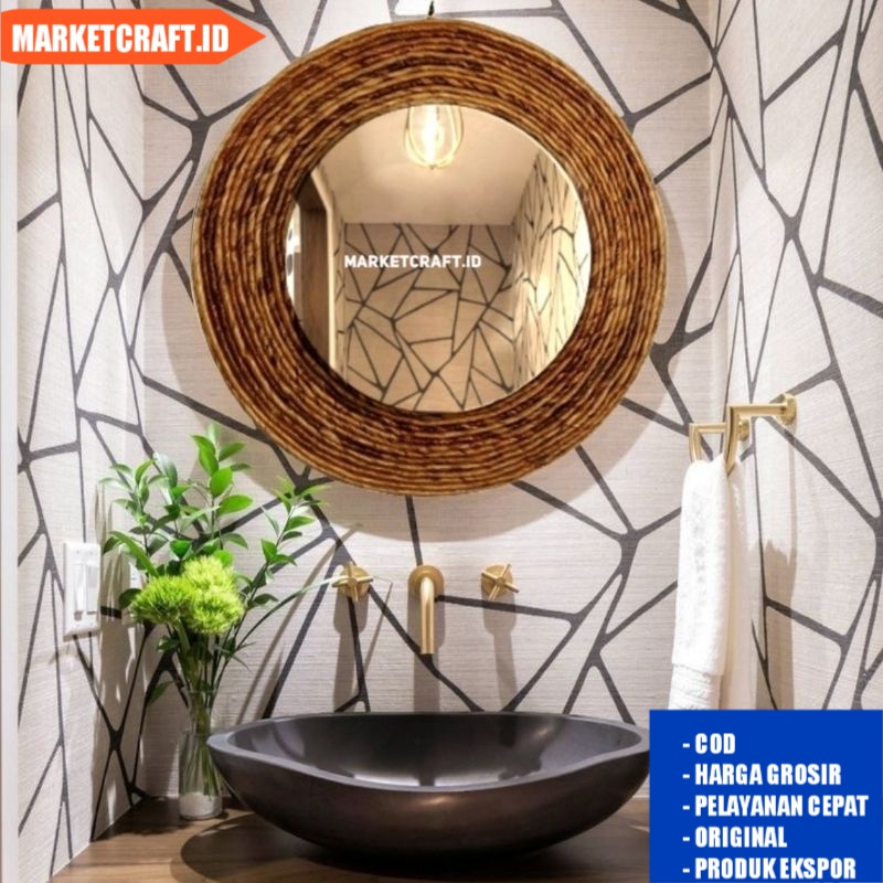 Cermin dinding aesthetic/Cermin bulat rustik/Cermin anyaman/Dekorasi dinding/Kaca bulat aesthetic