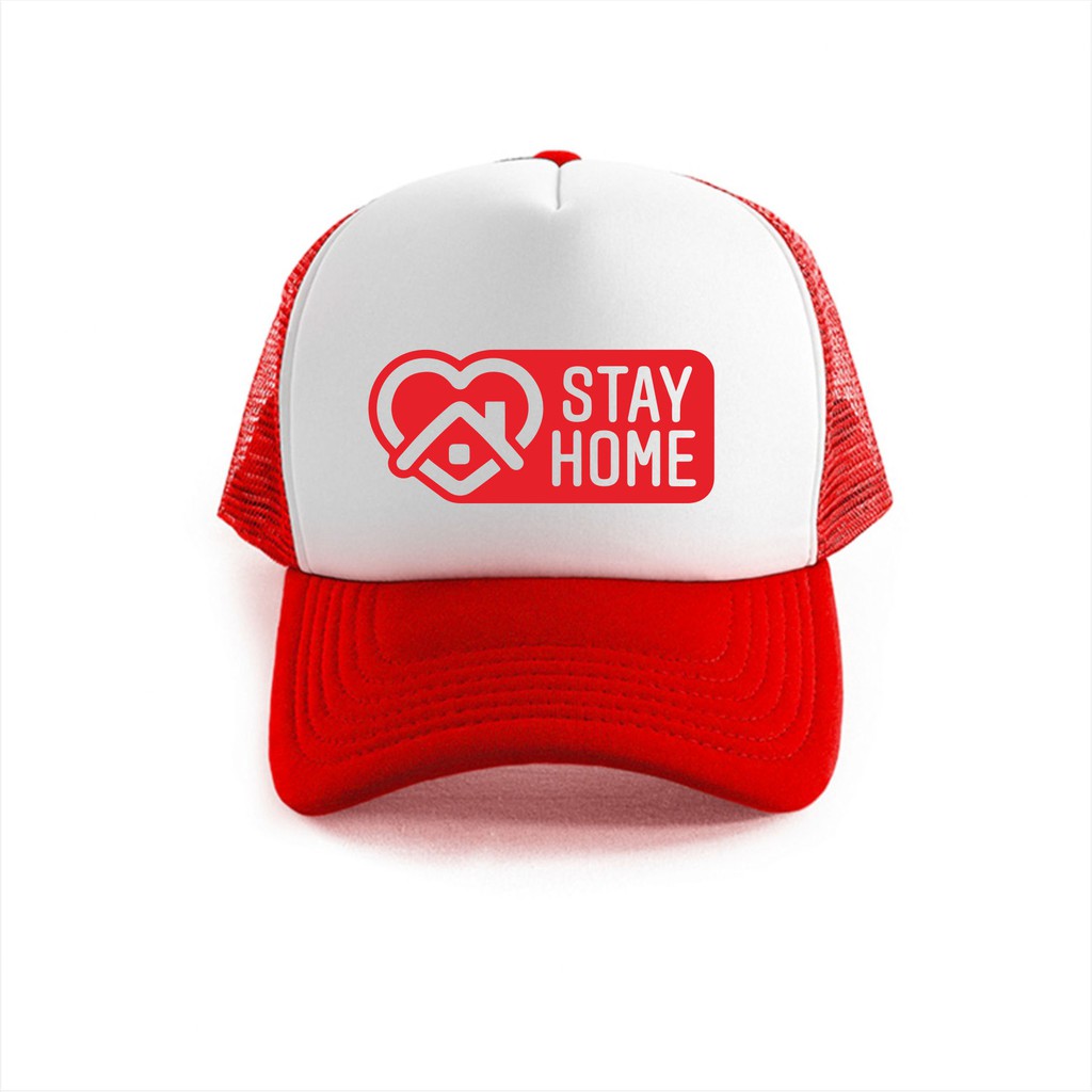 Topi Stay Home Dirumah Aja Trucker Jaring Merah Putih Pria Wanita