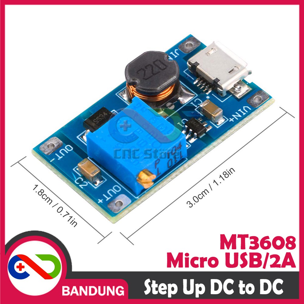 MT3608 ADJUSTABLE STEP UP BOOST DC MICRO USB 2A 2V-24V TO 5V-28V