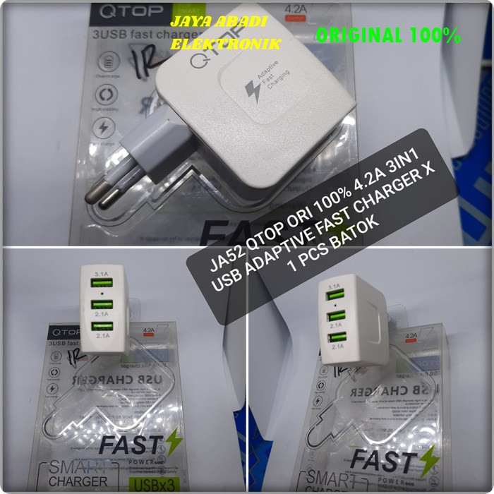 J52 ORIGINAL QTOP KEPALA BATOK 4.2A USB SUPER FAST CHARGING FLASH CAS CASAN ADAPTOR TRAVER ADAPTER CEPAT CHARGE ANDRPIT ANDROIT HANDPHONE ADAPTER TC QC QUALLCOMM UNIVERSAL MULTI ORIGINAL BISA CAS 3 HANDPHONE SEKALIGUS JADI LEBIH PRAKTIS DAN EFESIEN