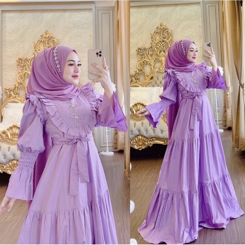 Shella Maxi Ruffle Dress with Brooch / Gamis Wanita Import dengan bros pita