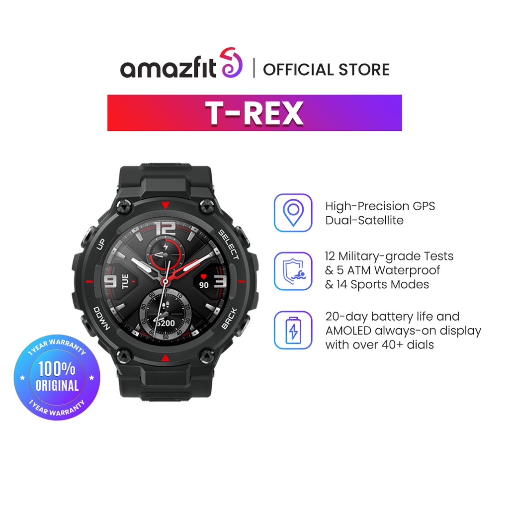 Amazfit T-Rex Smart Watch 1.3″ AMOLED Always-On display, GPS, Military Standard Outdoor Sport, jam tangan pria with 20-day Battery Life, Heart rate, Sleep monitor, 5 ATM waterproof