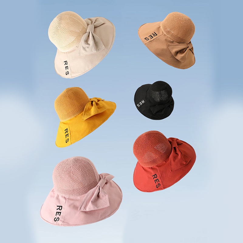 Topi Bucket Hat Pantai Wanita Korea Setengah Rajut Bordir RES Jaring Pita Belakang Lebar Anti UV ZZ