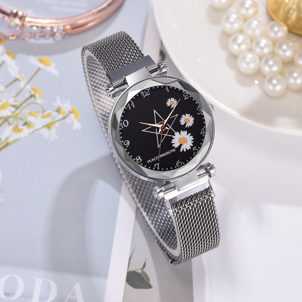 ELBER J174 Jam Tangan Rantai Wanita Jam Analog Motif Bunga Daisy-Silver