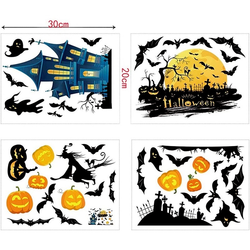 4 Pcs Stiker Jendela Statis Desain Istana Kelelawar Penyihir Hantu Labu Halloween Untuk Dekorasi Kamar Anak