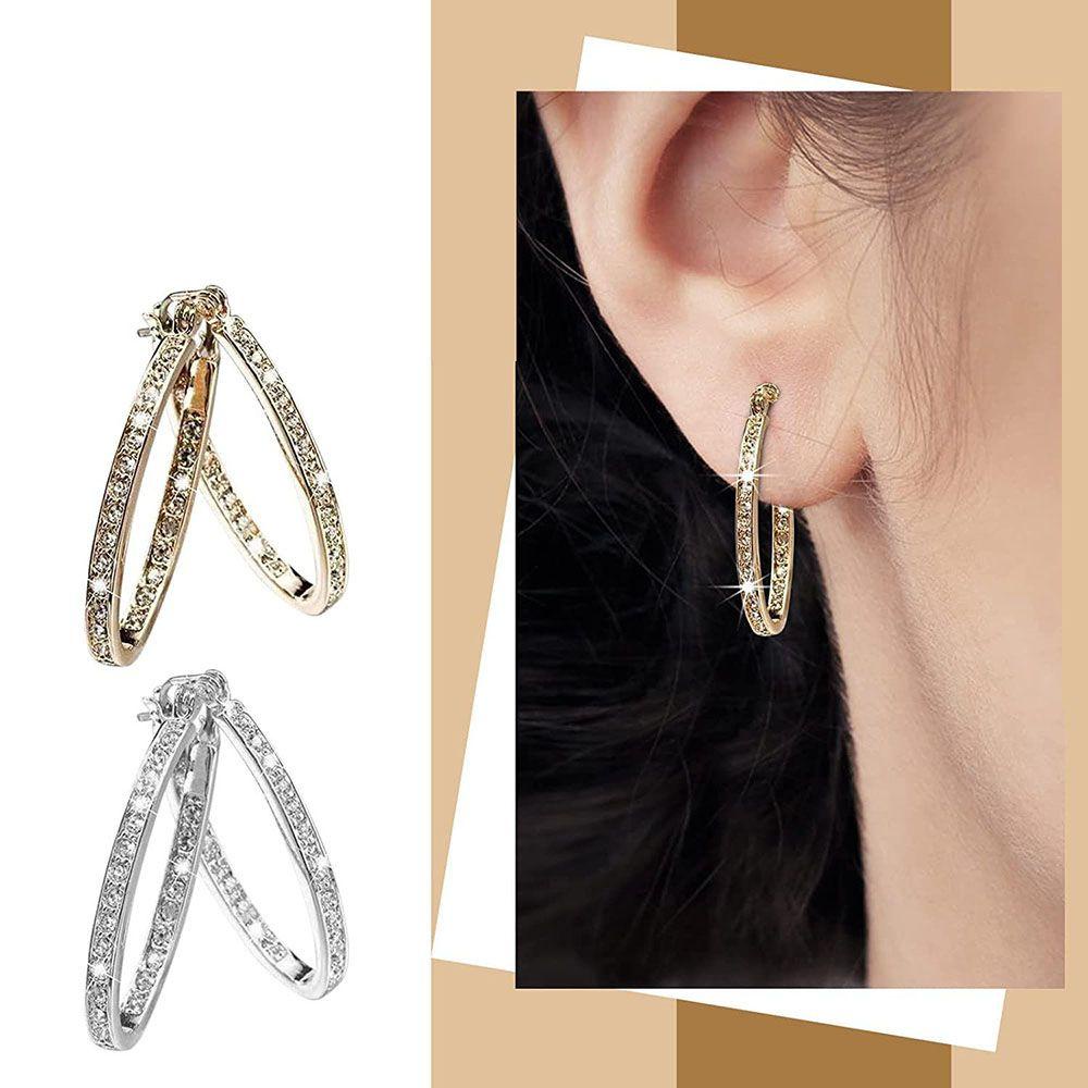 R-flower 1pasang Anting Hoop Hadiah Pesta Gold Silver Mewah Sparkle Drop Juntai