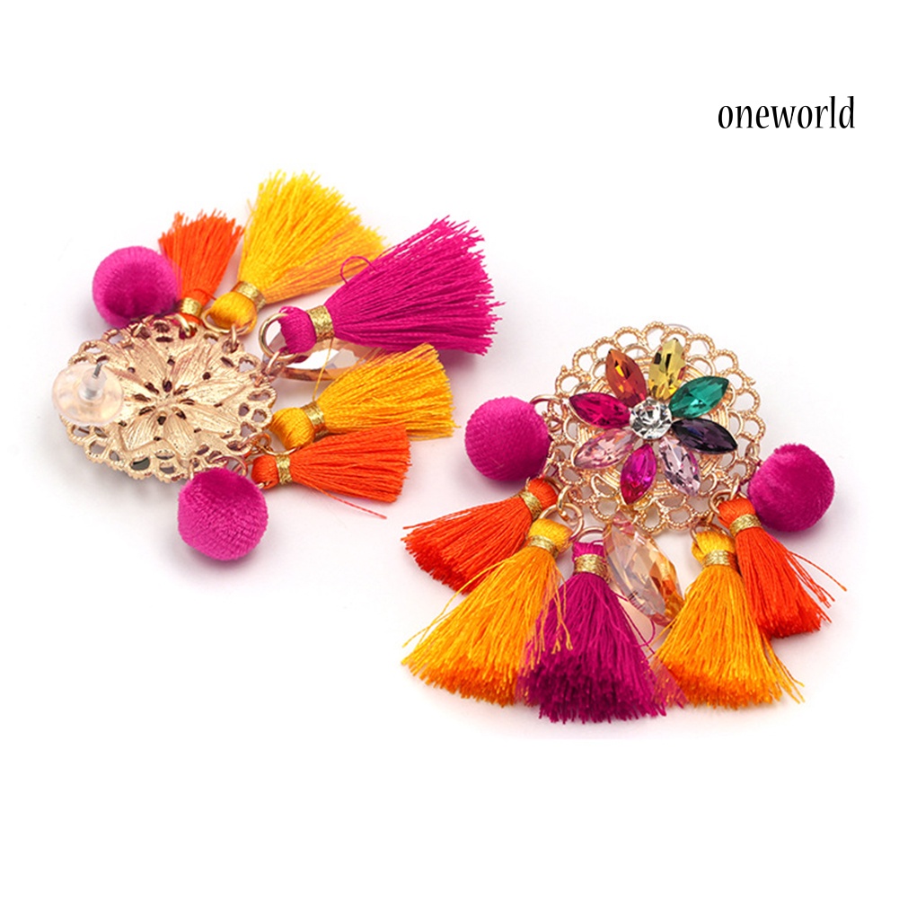 OW# Boho Women Rhinestone Tassel Pompom Dangle Stud Earrings Long Statement Jewelry