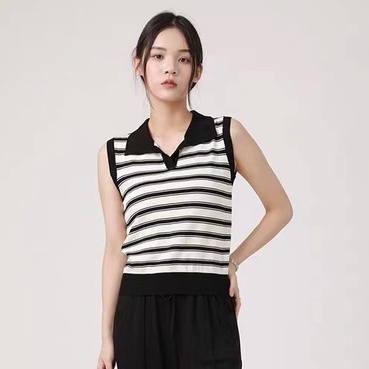 【Elegant】Striped Sleeveless Turn-down Collar Vest 7492