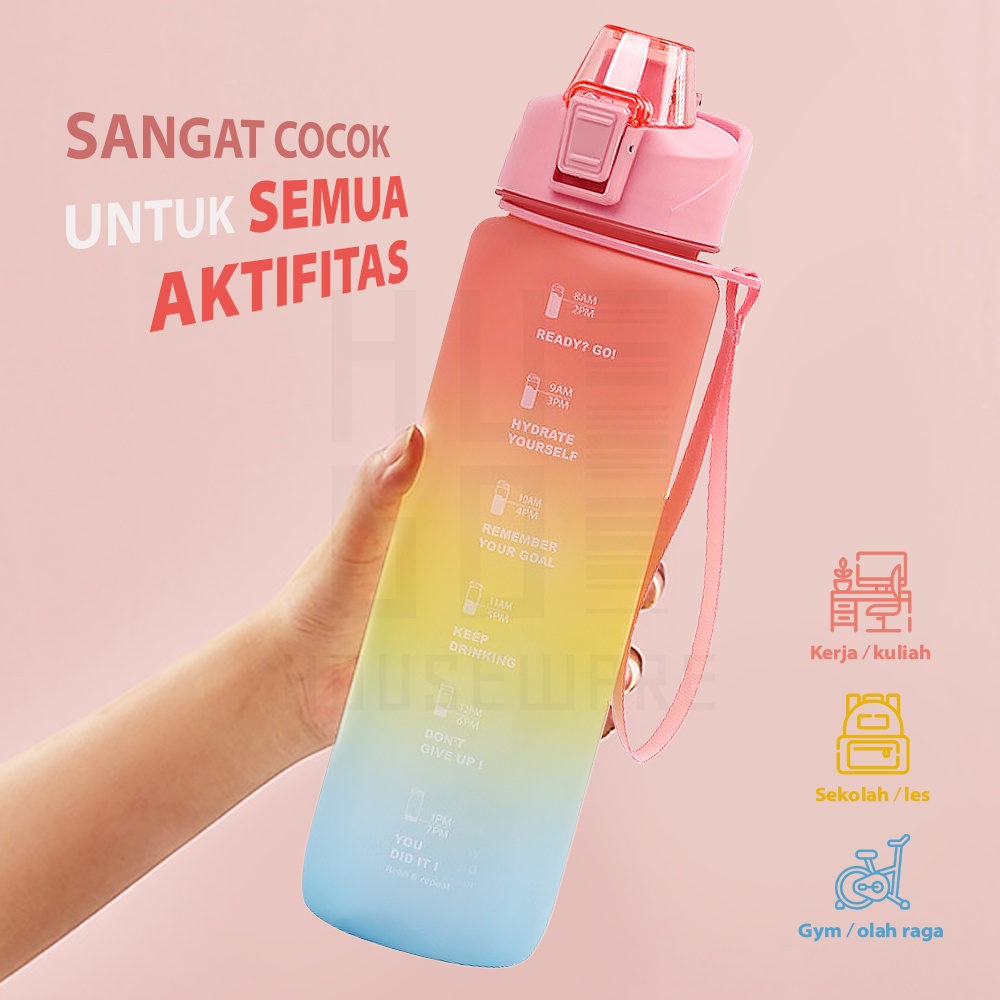 HUGO Botol Minum Motivasi Tutup Flip 1 Liter Rainbow Gratis Stiker