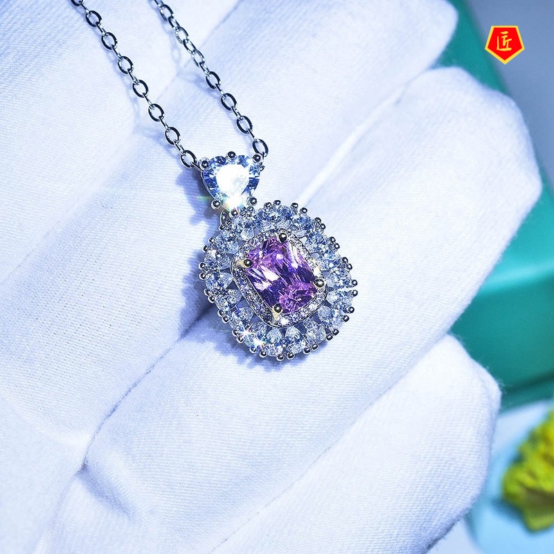 [Ready Stock]Pt950 Platinum Pink Flash Diamond Square Pendant Luxury Banquet