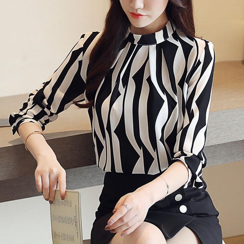Felicelife Blus Casual Kerah Tegak  Lengan Panjang Motif 