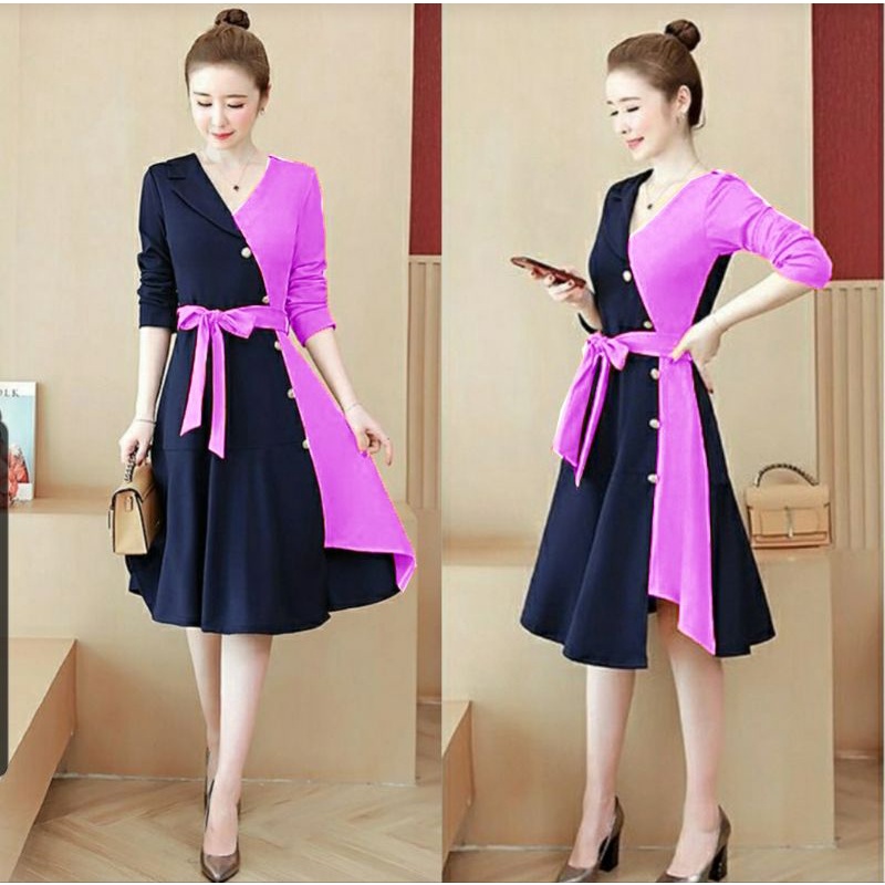 THABI DRES RAINSA Dress Wanita Motif Batik Kombinasi Moscrepe Model Kancing Variasi dan Obi Lepas DR