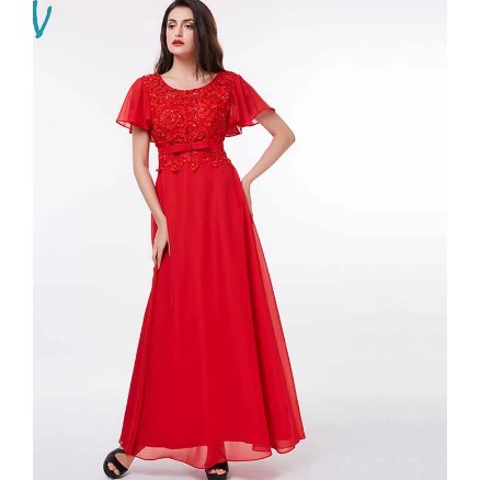 Dress v red evening dress short sleeves a line sequins lace floor length wedding party 2020