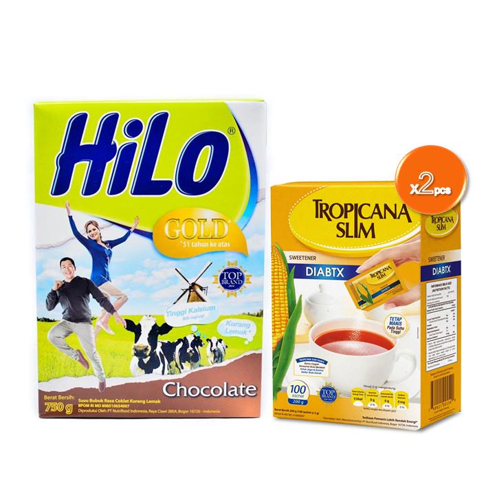

HiLo Gold Chocolate 750 gr + Tropicana Slim Diabtx (Dengan Kromium - 100 Sachets) 2 x 200 gr