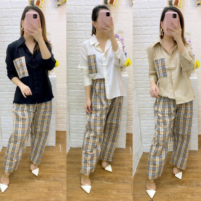 baju stelan wanita Korea terbaru / kemeja kotak-kotak korea