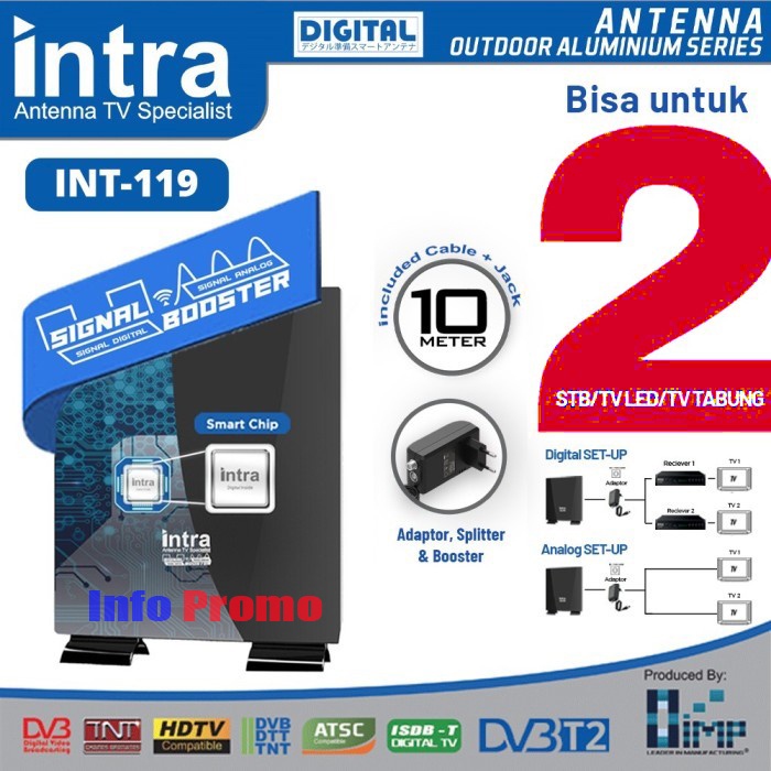 Antena Tv Digital Indoor Outdoor Intra INT-119 Bisa 2 Tv Kabel Panjang 10 Meter Full HD Original