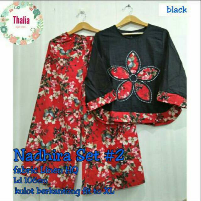 Nadhira 2# setelan kulot cantik motif bunga warna merah maroon mix hitam
