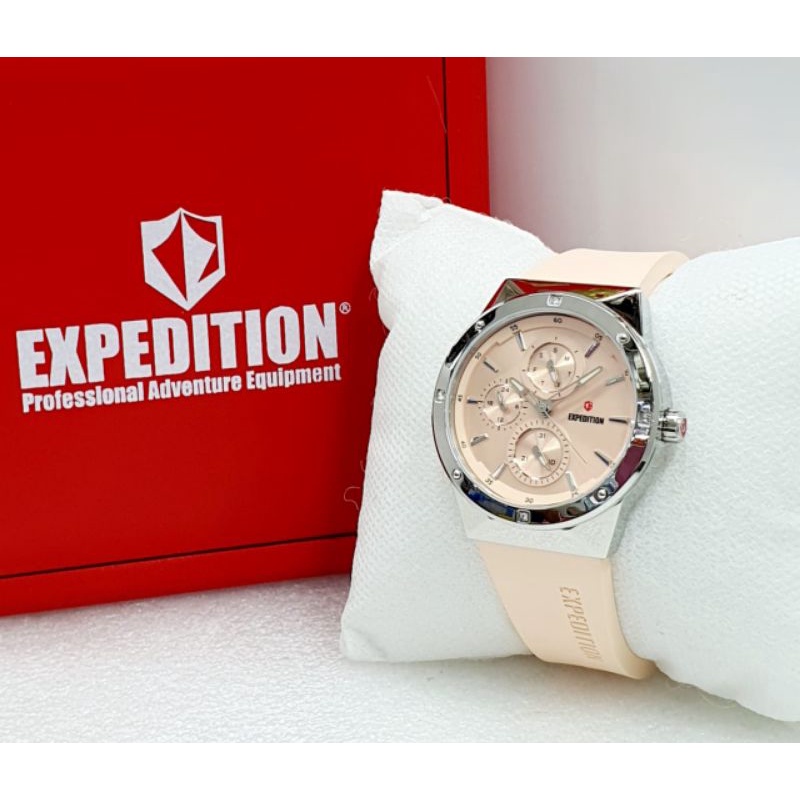 jam tangan expedition E 6818 wanita original tali rubber chrono case silver