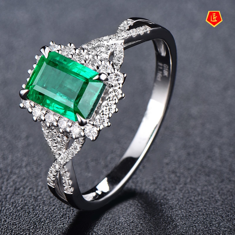 [Ready Stock]Inlaid Square Emerald Diamond Ring Fashionable Elegant