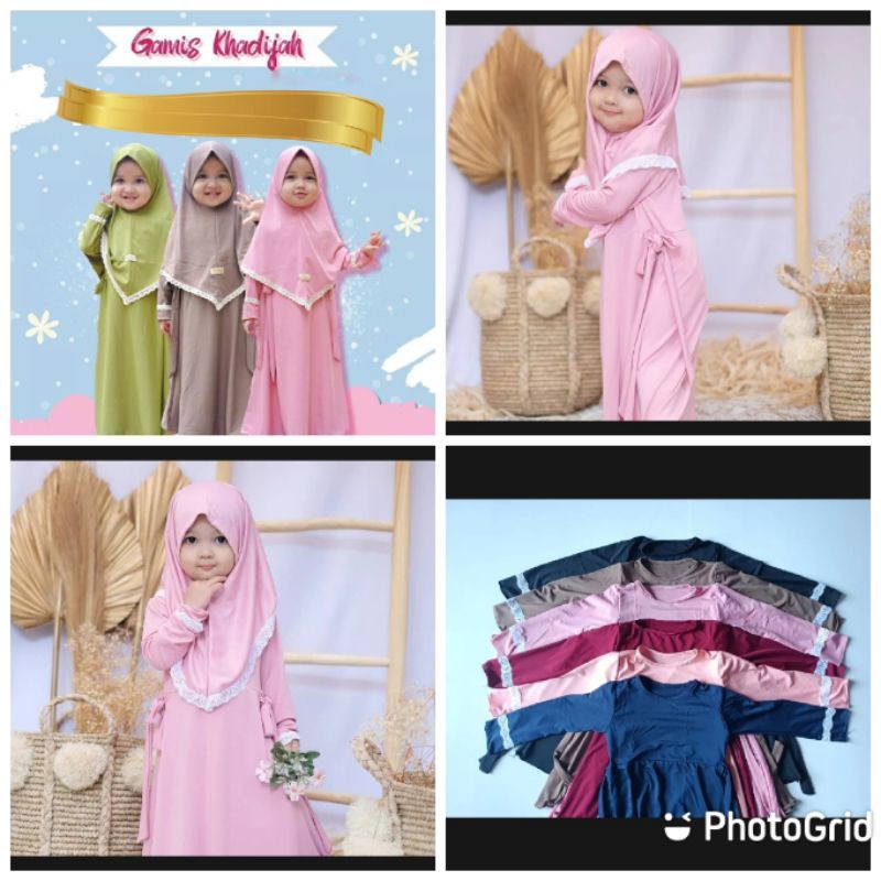 Gamis Khadijah Set Hijab Anak Perempuan Usia 6 Bulan-2 Tahun |Setelan Busana Bju Syari Bayi Terbaru 8 bln-1 Thn|Stelan Pakaian Tanggung Little Pineapple Baju Muslim Lucu