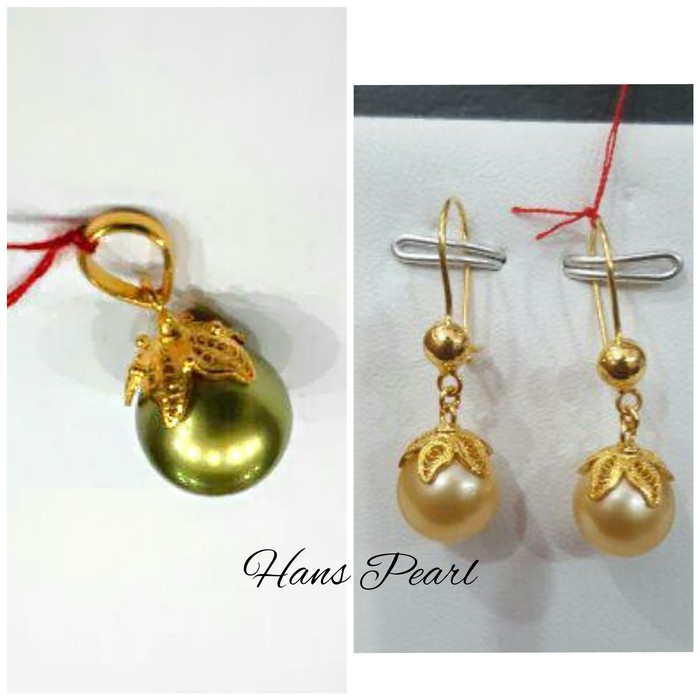 "Set anting dan liontin emas mutiara air laut asli lombok"