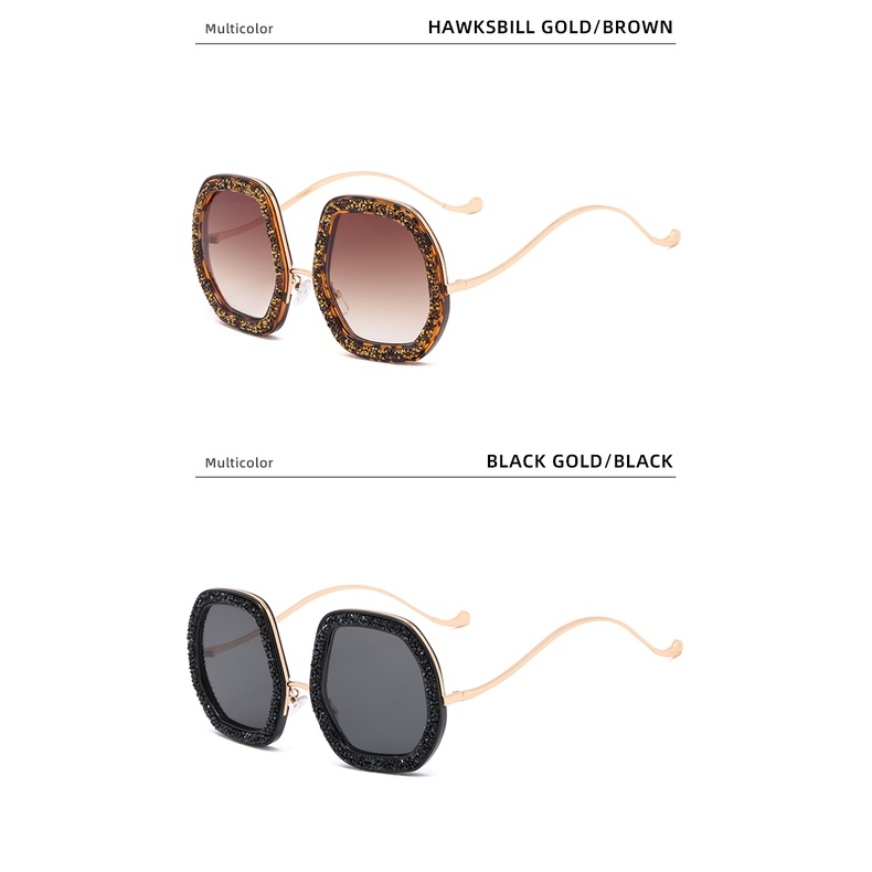 Kacamata Hitam Oversize Frame Metal Asimetris Hias Berlian Imitasi UV400 Untuk Wanita