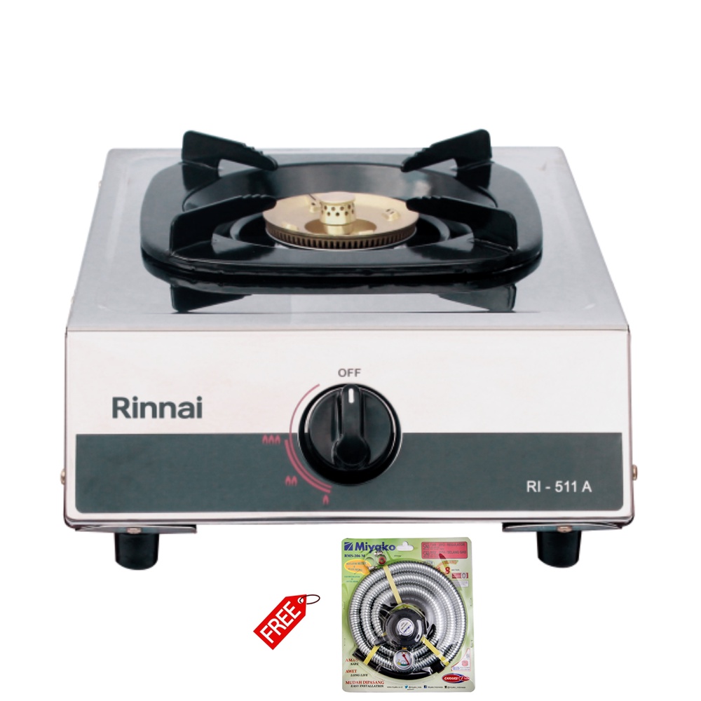 Rinnai RI-511A Kompor Gas 1 Tungku Stainless FREE Paket Miyako Selang Gas Meter