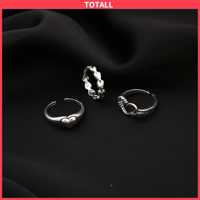 COD 3pcs Cincin Model Terbuka Desain Gelombang Hati Warna Silver Gaya Vintage Untuk Wanita-Totall