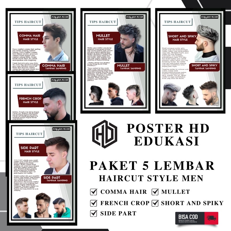 poster edukasi pangkas rambut dan barbershop - model pria rambut kekinian - hiasan dinding keren pan