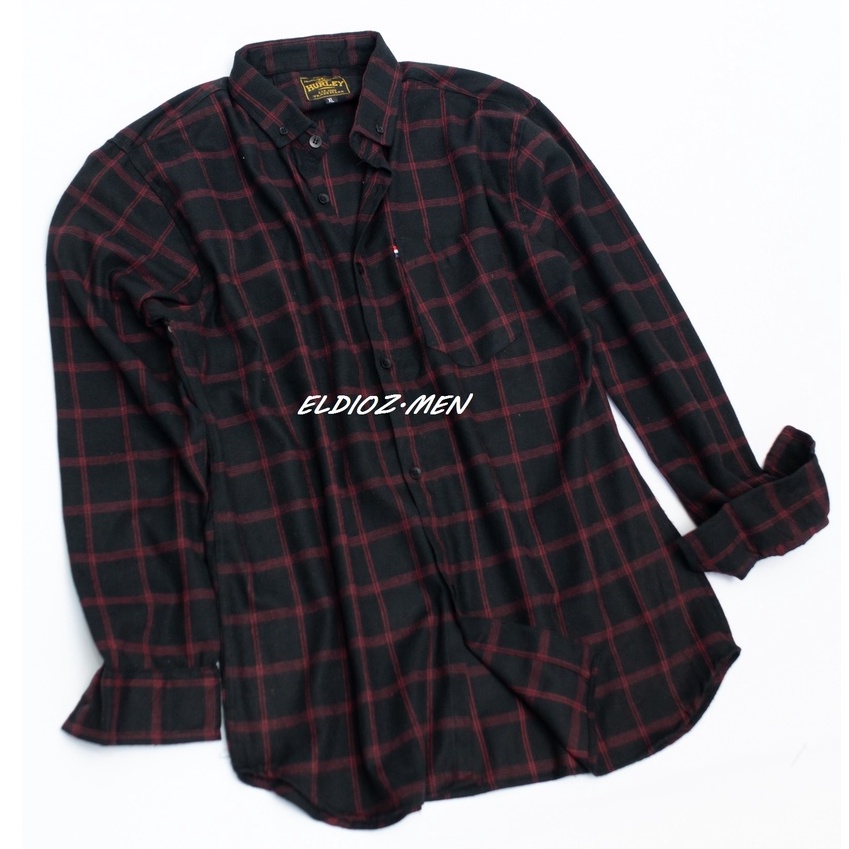 Kemeja Flanel Pria Slim Fit Lengan Panjang Hem Pria Kotak Garis Merah