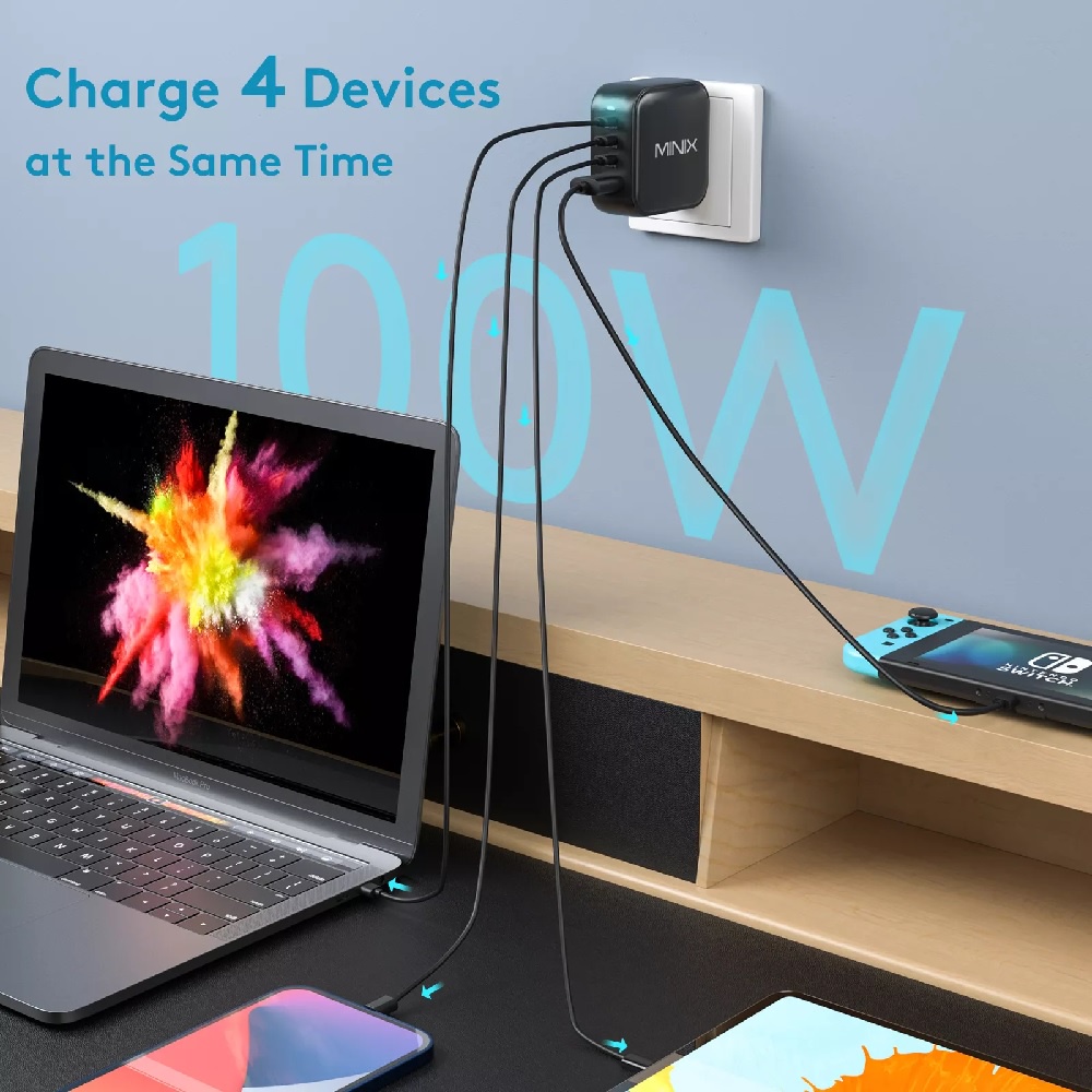 MINIX NEO P3 - Turbo 4-Port GaN Charger 100W MAX - USB-C PD and QC 3.0 - Charger 100W 3 USB-C PD 3.0 dan 1 USB-A QC 3.0