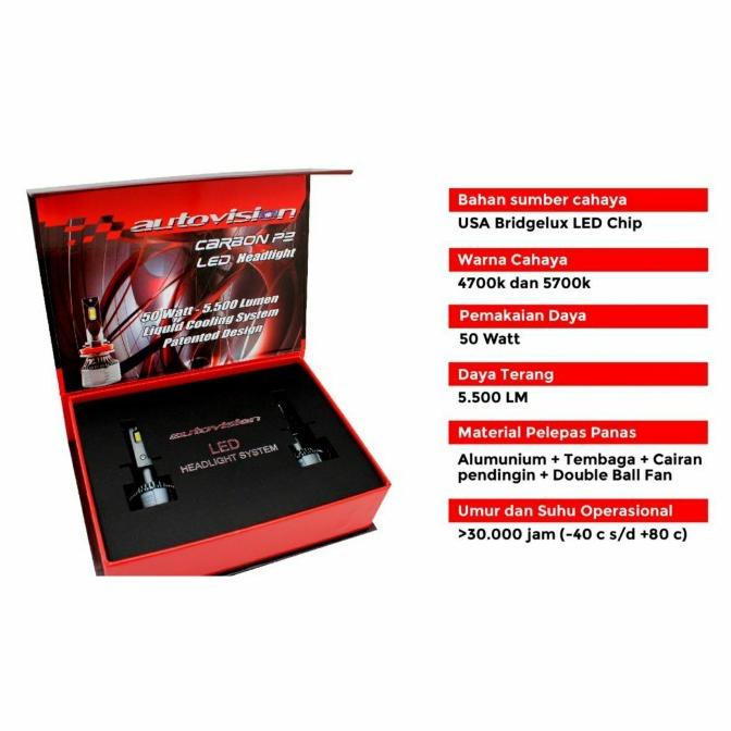 Lampu LED HB3 Autovision Carbon P2 4.700 Kelvin 50 Watt 5.500 Lumen .