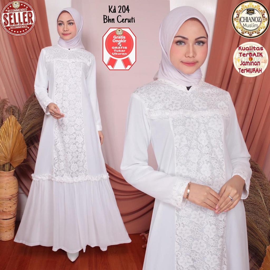 CHIANOZ Gamis Putih Mewah Intan Dress Brukat Renda Baju Lebaran Umroh Haji Manasik Pesta Akad 204 506